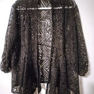 Vintage Style Crochet Black Kimono Style Cardigan Open Frnt Long Sleeve Cover Up